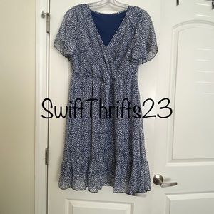 Women's Casual Short Sleeve V Neck Ruffle Print High Waist Flowy Mini Dress
